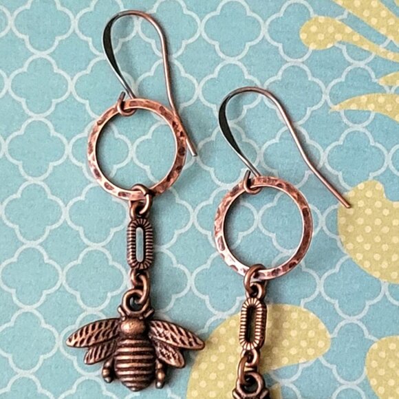 HONEY BEE Copper Charm Earrings Brass Hook Ear wires Bumble Bee, Insect - Picture 5 of 10